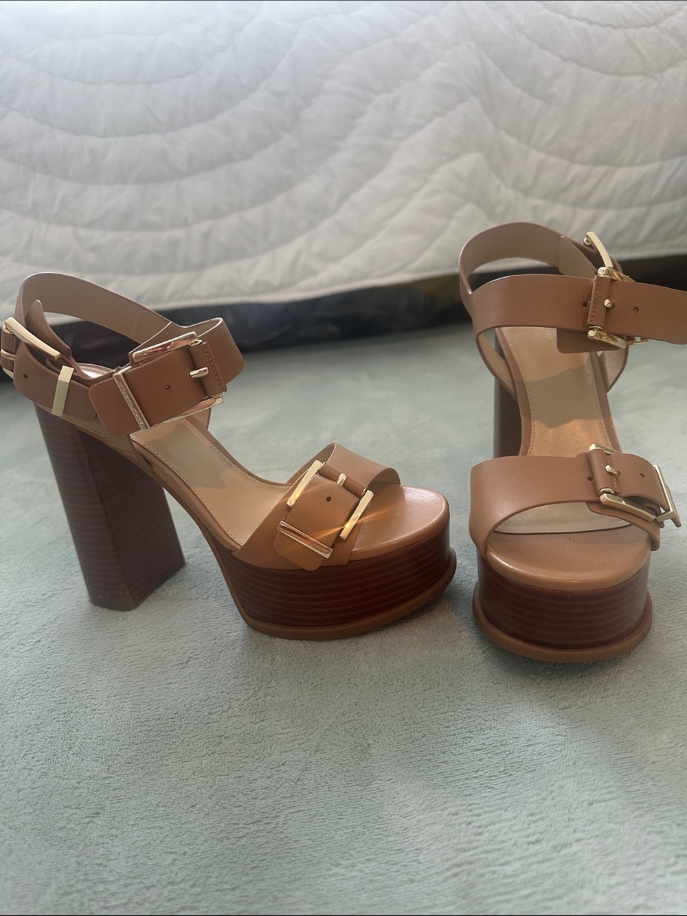 Michael Kors Tan Platform Block Heel Sandals with Gold Buckles